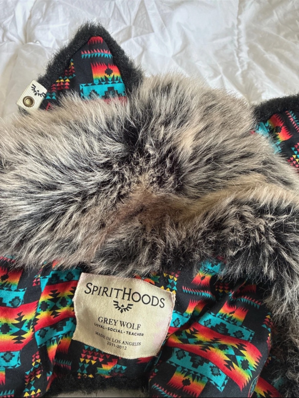 SpiritHoods Grey Wolf Faux Fur Hood with Teal & Red Aztec Lining